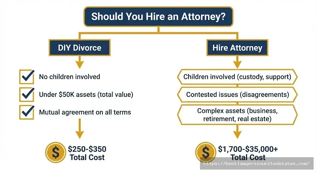 Decision tree helping Montana residents determine whether to hire divorce attorney or file DIY based on case complexity