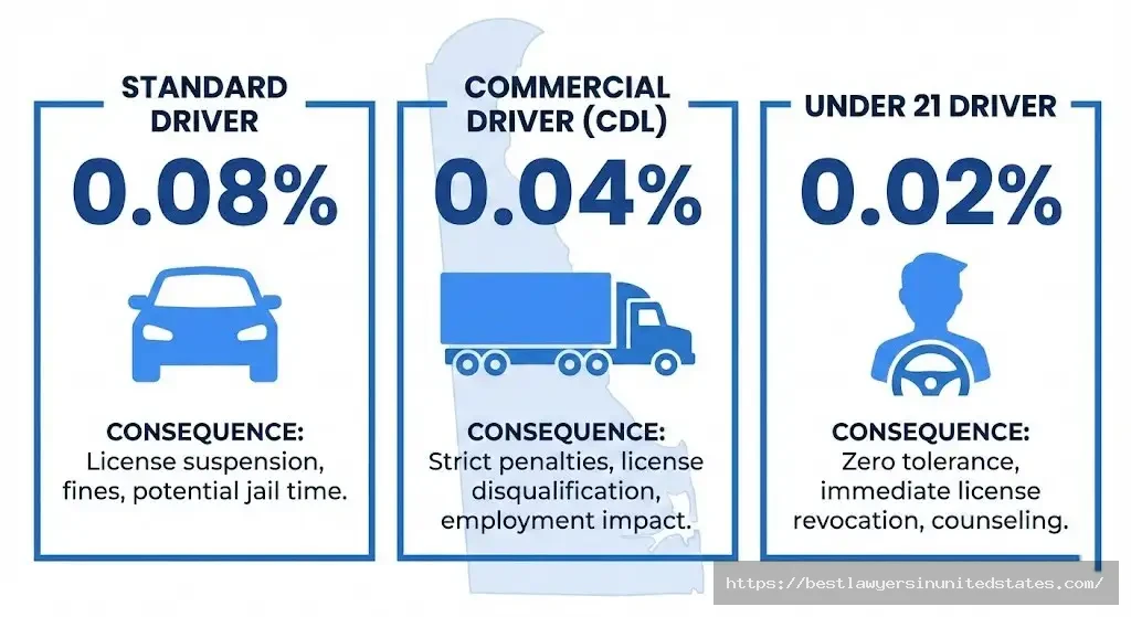Delaware BAC legal limits chart showing 0.08% standard, 0.04% commercial, 0.02% under 21