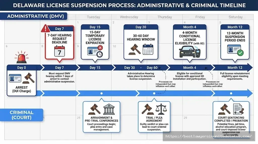 Delaware DUI license suspension timeline showing 7-day hearing deadline and 12-month suspension