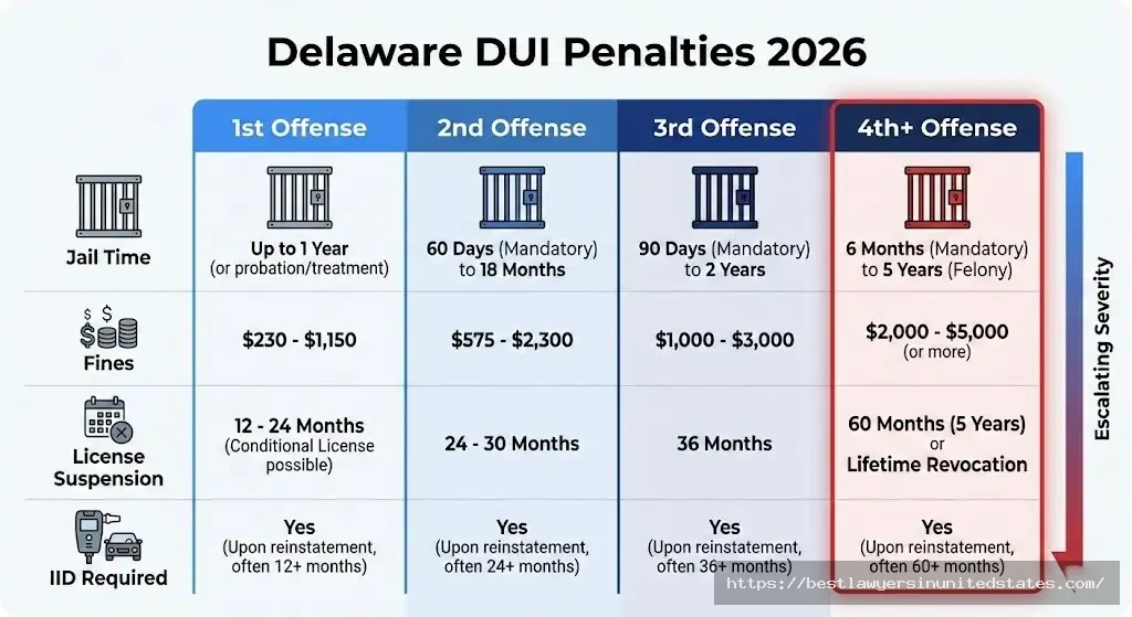 Delaware DUI penalties by offense comparing fines, jail time, and license suspension periods
