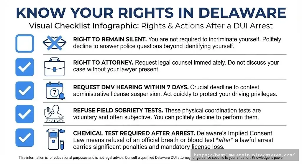 Delaware DUI rights checklist showing what you can refuse and must do after arrest