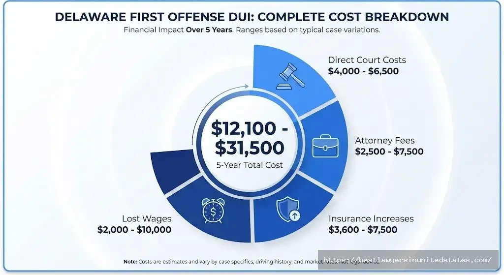 Delaware DUI total cost breakdown showing $12,100-$31,500 in fines, fees, and insurance increases