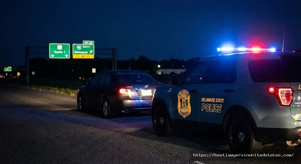 Delaware State Police DUI traffic stop at night on highway with emergency lights