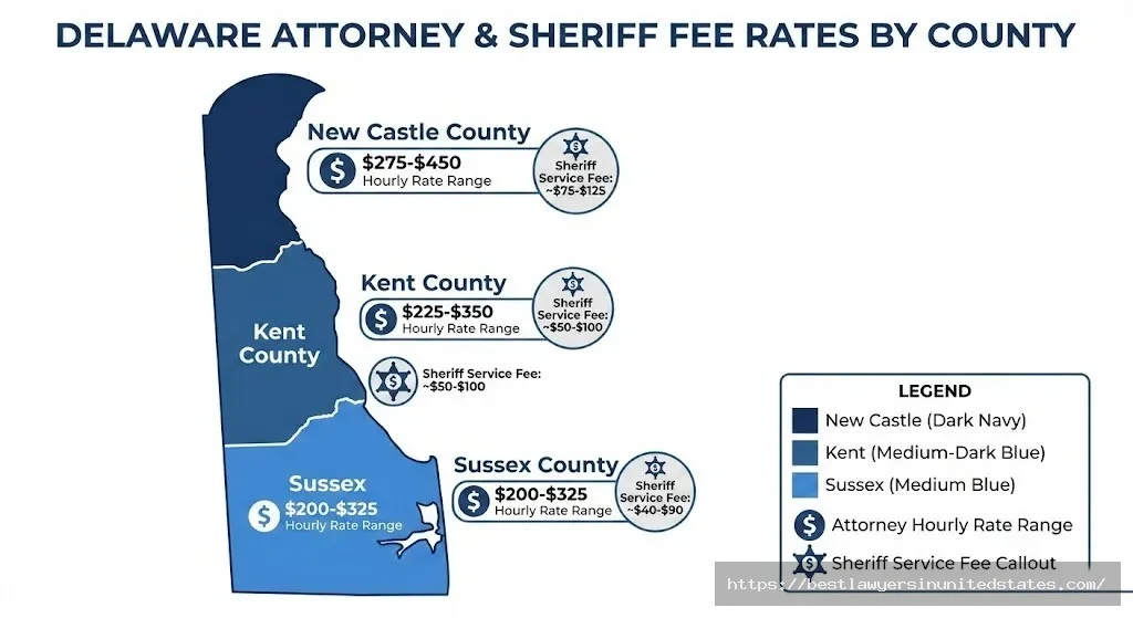 Delaware county map showing divorce attorney rates by region - New Castle, Kent, and Sussex counties