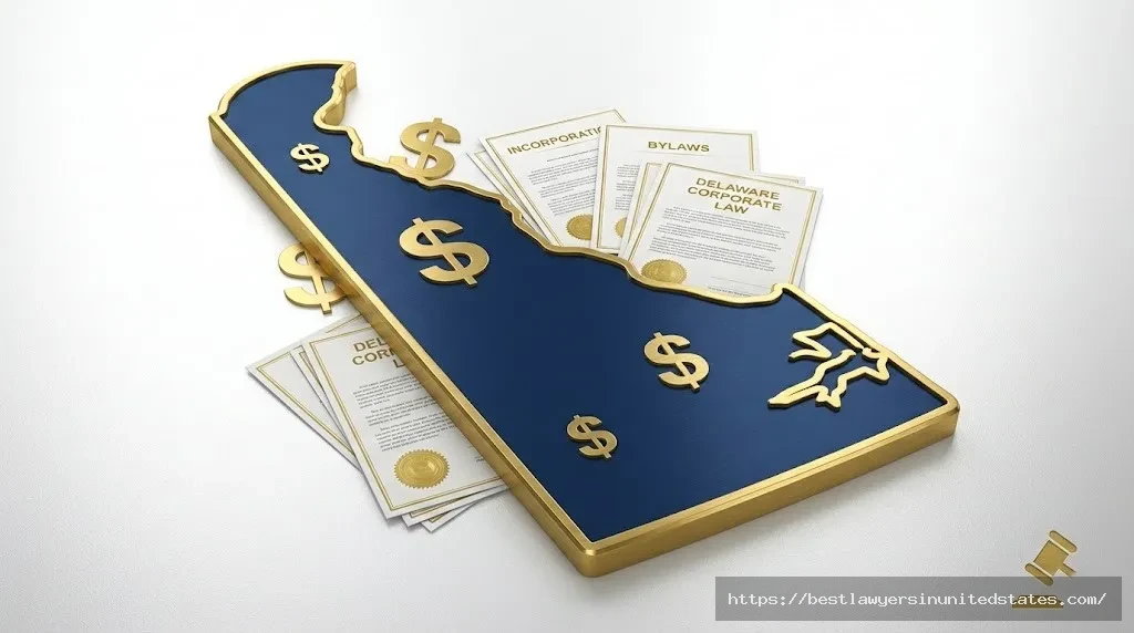Delaware divorce cost guide 2026 showing state map with financial symbols and legal documents