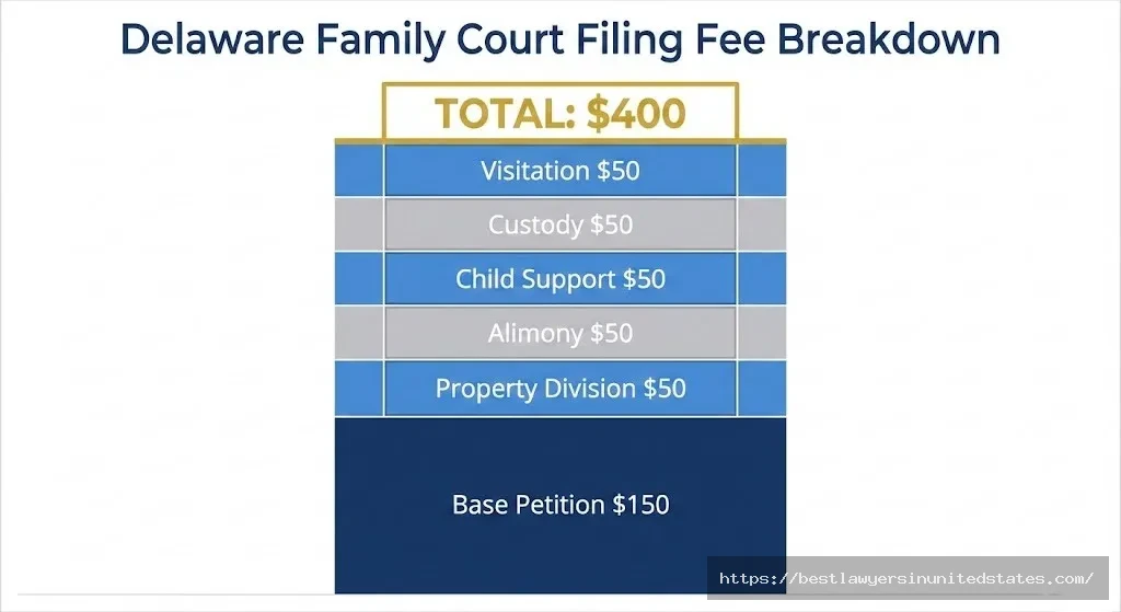 Delaware divorce filing fee calculator showing base $150 petition plus $50 for each ancillary matter