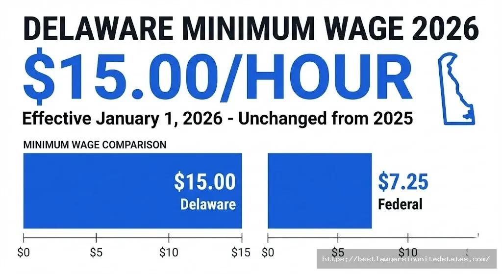 Delaware minimum wage 2026 rate $15 per hour compared to federal $7.25 baseline