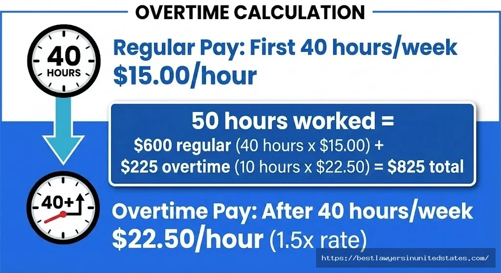 Delaware overtime pay rules 1.5x rate $22.50 after 40 hours per week calculation example