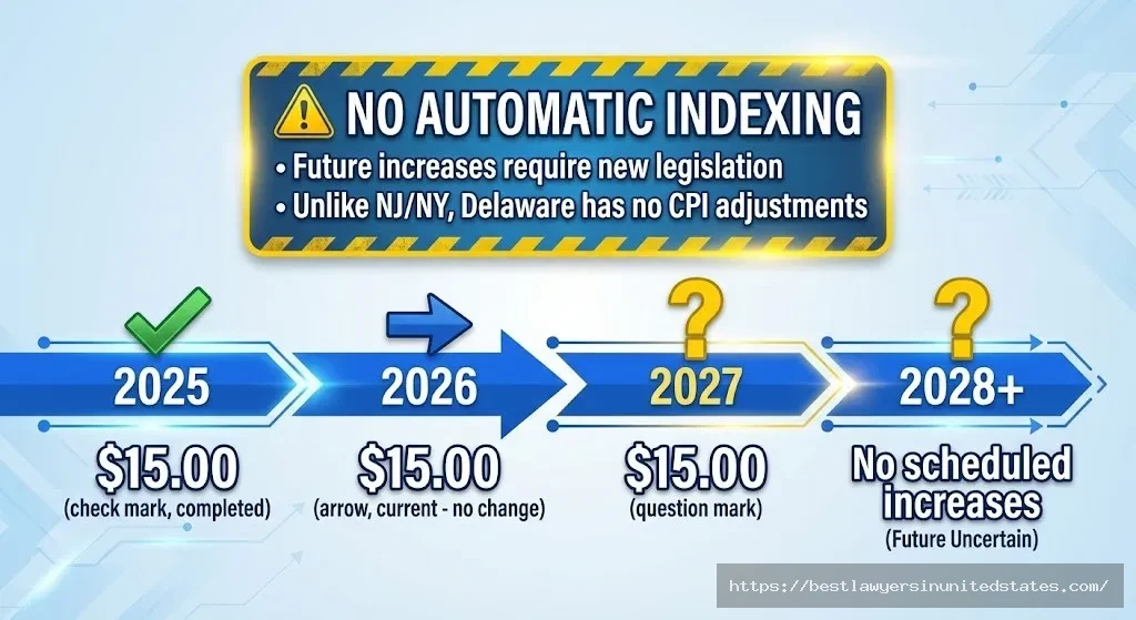 Delaware scheduled minimum wage increases 2026 2027 no automatic indexing future legislation required