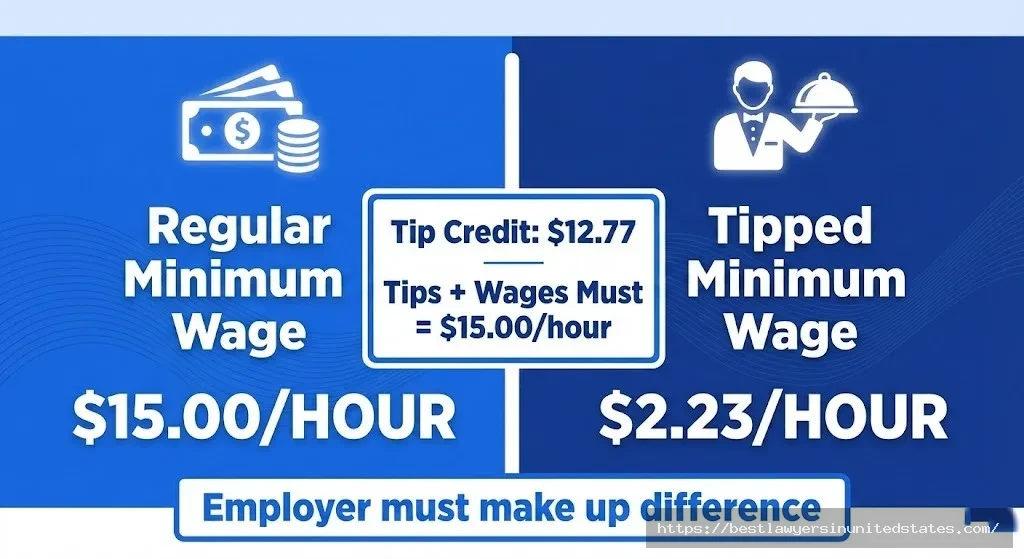 Delaware tipped minimum wage $2.23 versus regular minimum wage $15 tip credit calculation