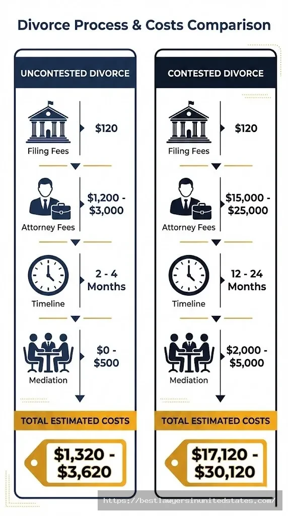 Detailed cost comparison infographic showing uncontested versus contested divorce expenses in Maine including attorney fees, filing costs, and timelines