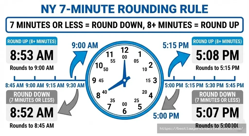 Diagram explaining New York seven-minute time clock rounding rule with examples