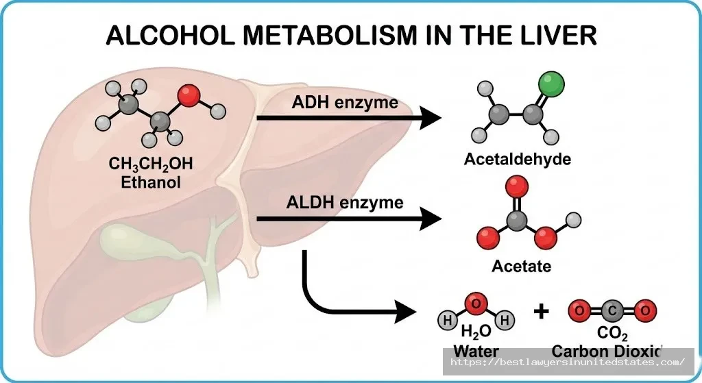 Diagram of alcohol metabolism showing enzymatic breakdown from ethanol to acetaldehyde to acetate
