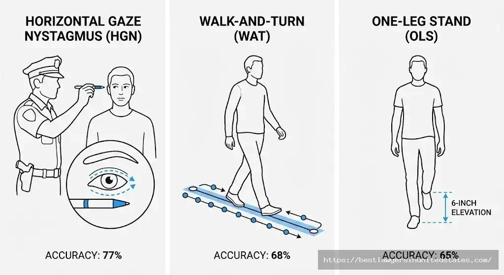 Diagram of three standardized field sobriety tests horizontal gaze nystagmus, walk-and-turn, one-leg stand