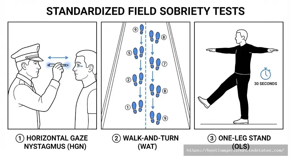 Diagram of three standardized field sobriety tests used in California DUI arrests