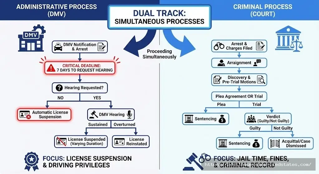 Diagram showing Delaware DUI dual process with separate DMV and criminal court proceedings