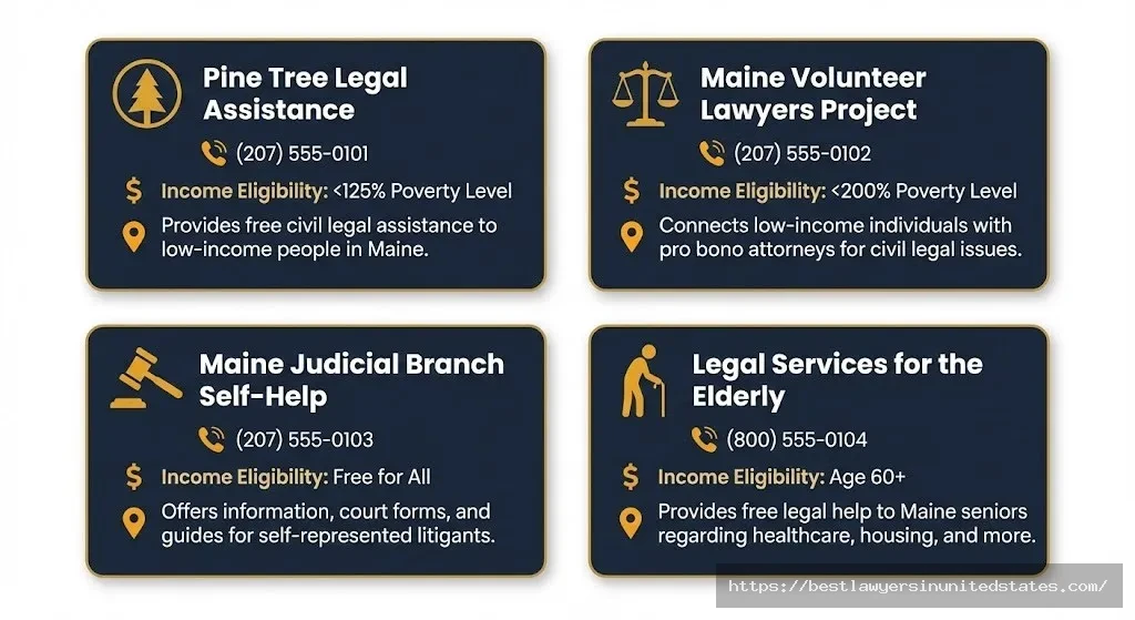 Directory of free Maine divorce resources including Pine Tree Legal, Volunteer Lawyers Project, and court self-help centers with income eligibility and contact information