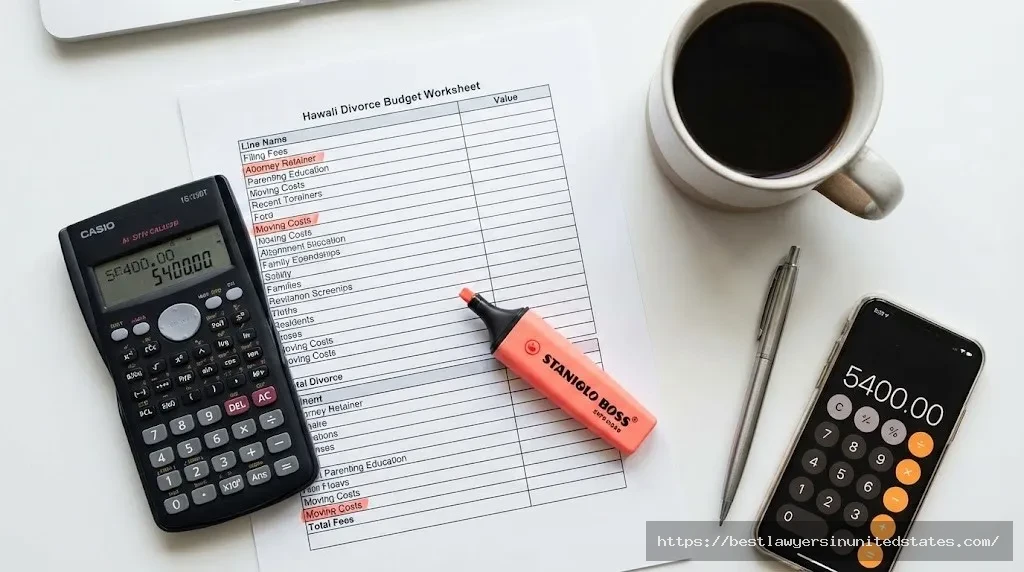 Divorce cost calculator and budget worksheet for Hawaii with filing fees, attorney costs, and expense planning