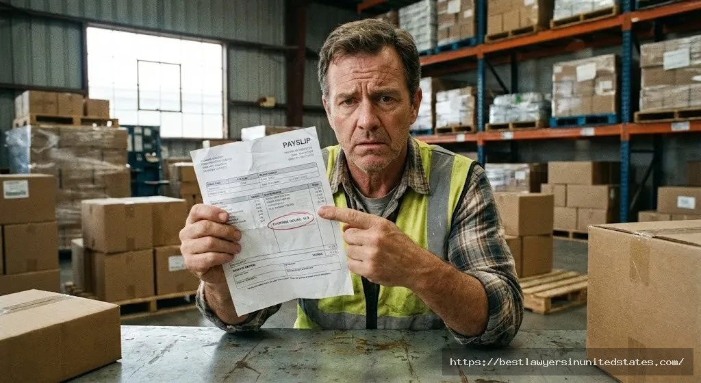 Employee reviewing paycheck for unpaid overtime hours