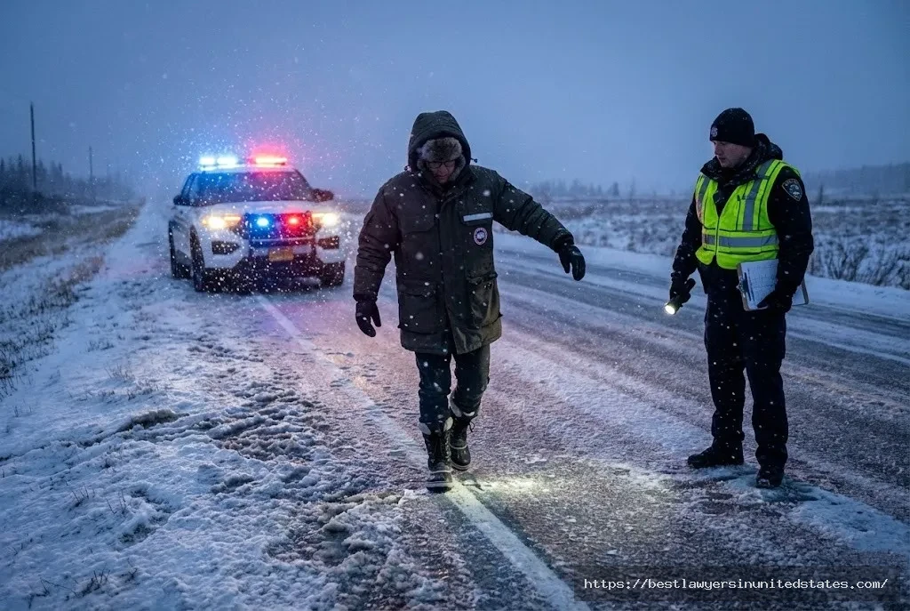 Field sobriety test being conducted on icy Alaska road showing challenging winter conditions and safety concerns