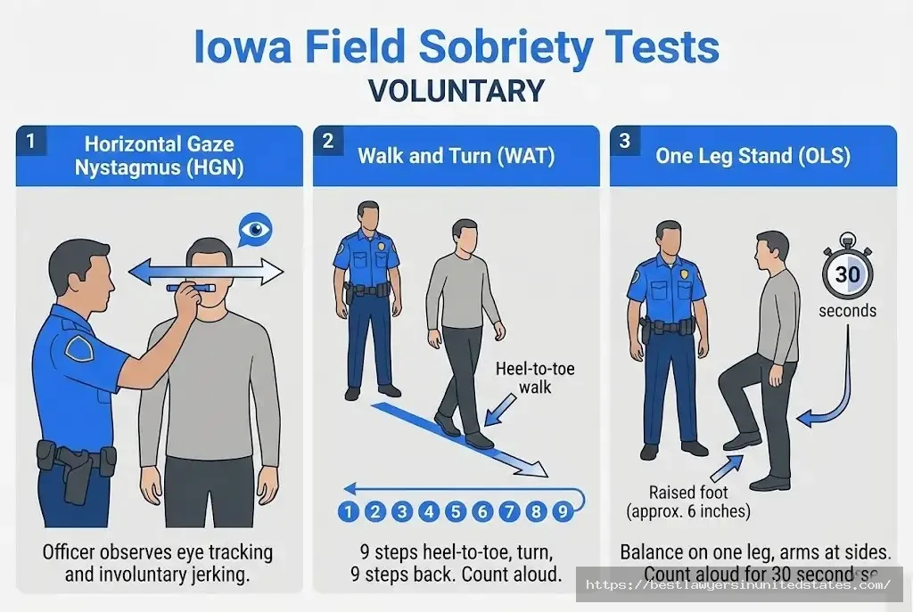 Field sobriety test illustrations showing horizontal gaze nystagmus, walk and turn, one leg stand tests