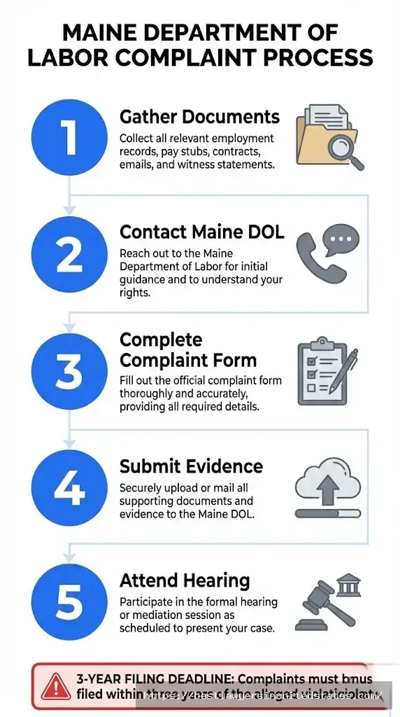 Five-step process for filing wage claim with Maine Department of Labor including 3-year deadline