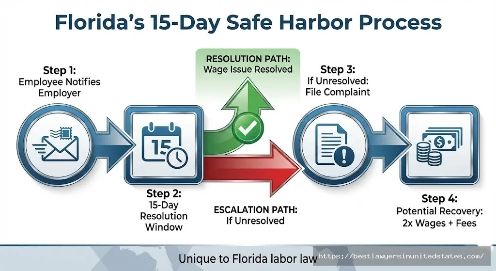 Florida 15-day safe harbor wage claim process employer notification timeline