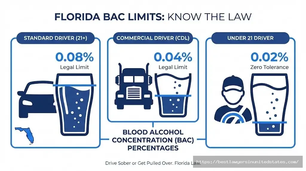 Florida BAC legal limits chart showing 0.08% standard, 0.04% CDL, 0.02% under 21 drivers