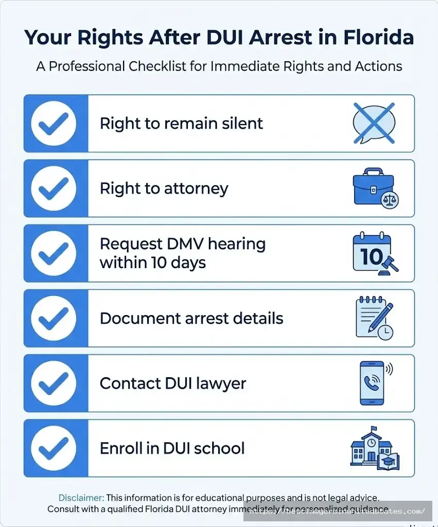 Florida DUI arrest rights checklist showing 6 critical actions including 10-day hearing deadline