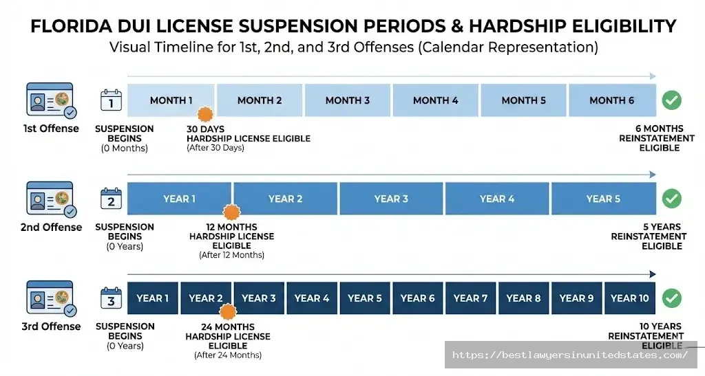 Florida DUI license suspension timeline showing 6 months first offense to 10 years third offenseS