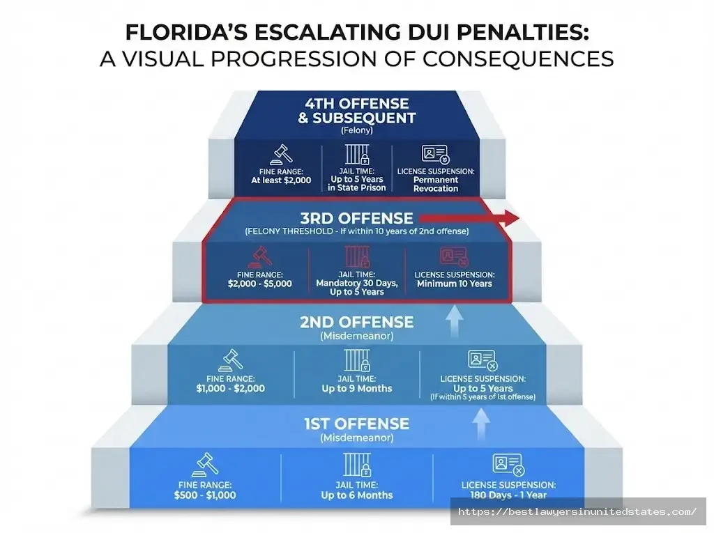 Florida DUI penalty progression chart from first offense misdemeanor to fourth offense felony