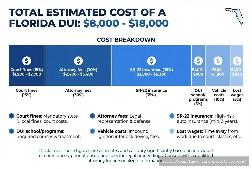 Florida DUI total cost breakdown infographic showing $8,000-$18,000 in fines, fees, and insuranceS