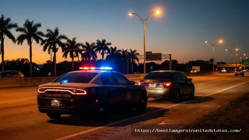 Florida Highway Patrol DUI traffic stop at night with police lights on I-95