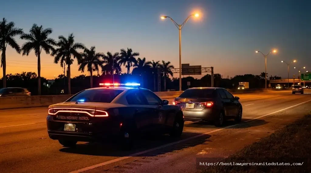 Florida Highway Patrol DUI traffic stop at night with police lights on I-95