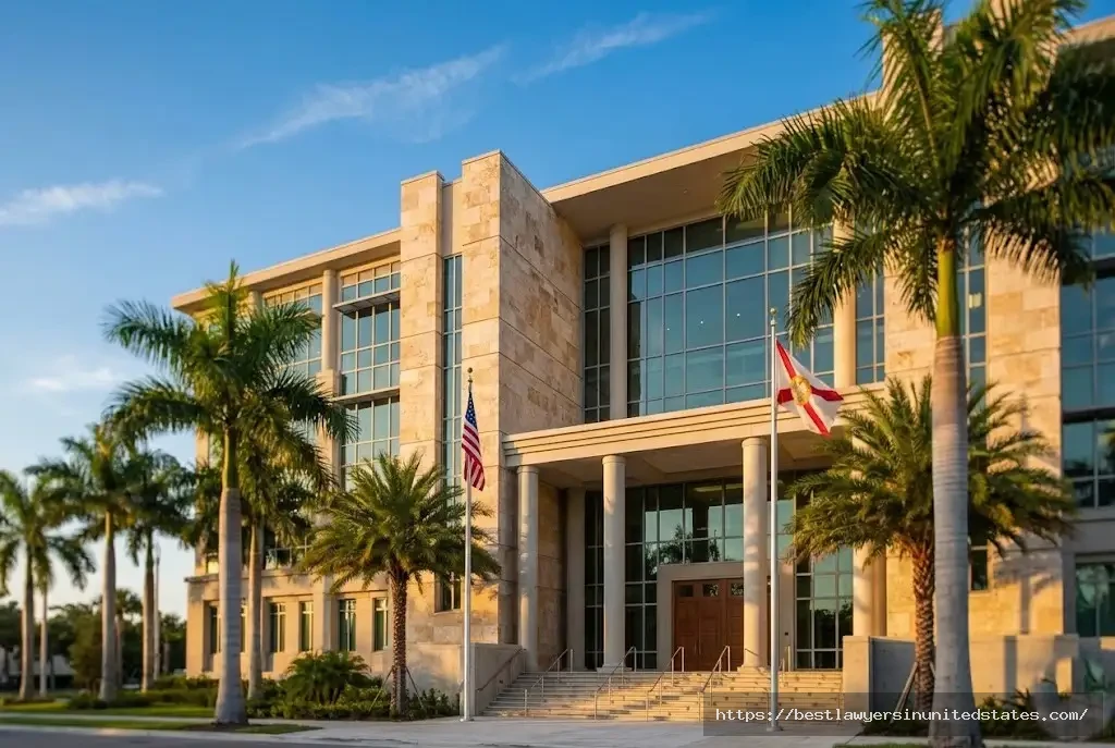 Florida county courthouse where DUI cases are prosecuted with palm trees and blue sky.