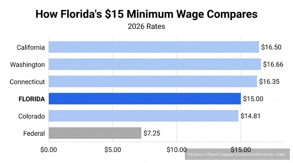 Florida minimum wage $15 compared to California Washington Connecticut federal rates 2026