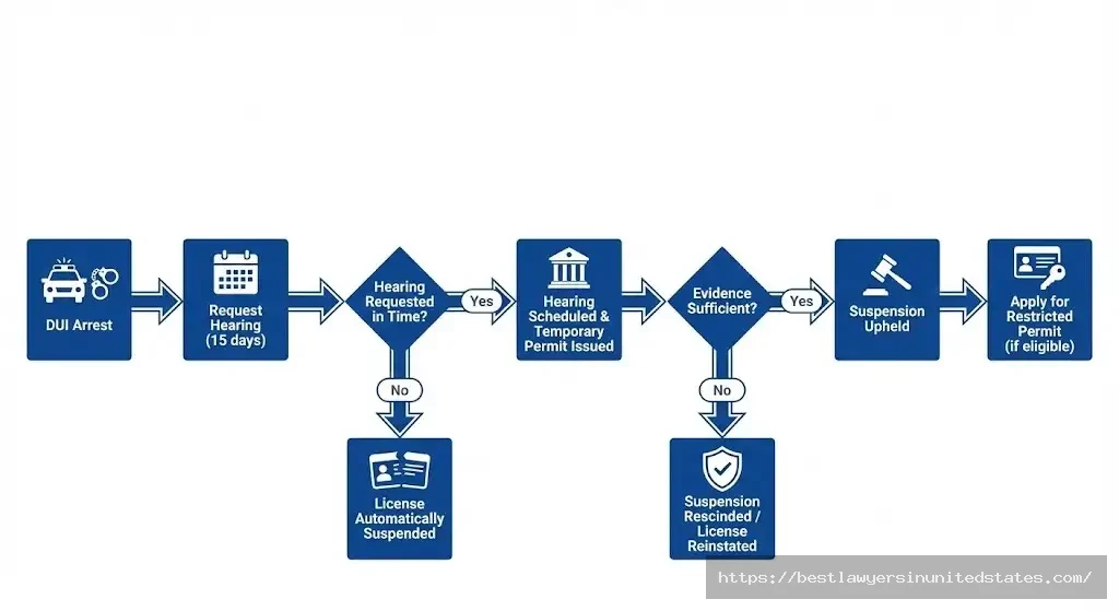 Flowchart showing Arkansas administrative license hearing process and decision outcomes