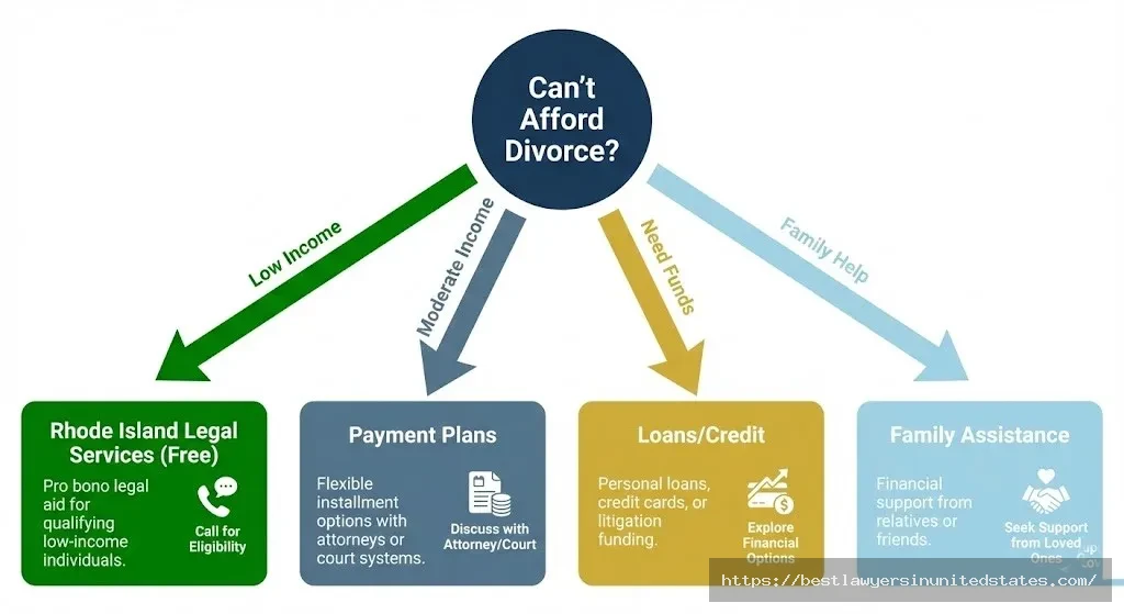 Flowchart showing Rhode Island divorce payment options including legal aid, payment plans, financing, and family assistance