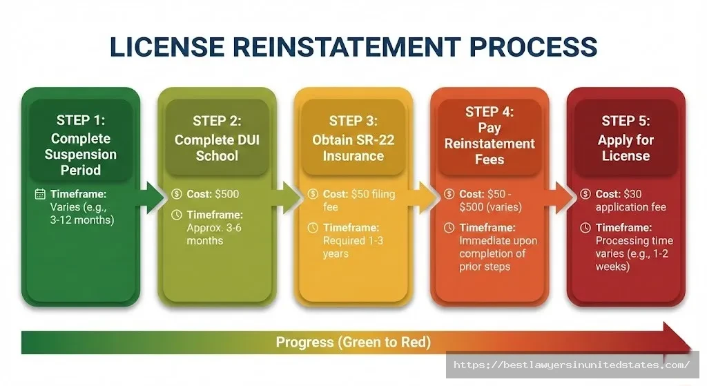 Flowchart showing five steps to reinstate driver's license after DUI suspension
