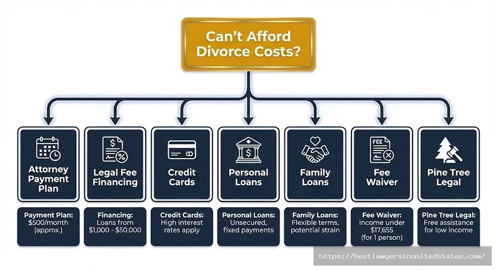 Flowchart showing seven payment options for Maine divorce costs including payment plans, financing, loans, and free legal aid eligibility