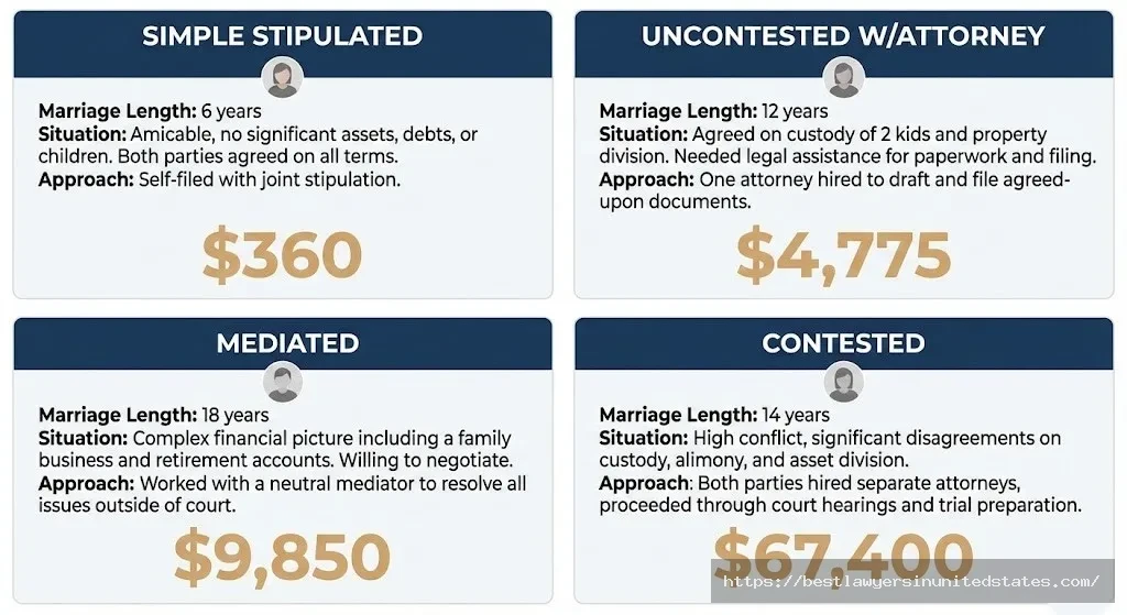 Four real Vermont divorce case studies showing actual costs from $360 stipulated divorce to $67,400 contested divorce with custody battle
