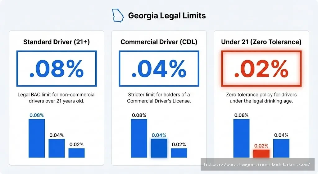 Georgia BAC legal limits chart showing .08% standard, .04% CDL, .02% under 21 with visual comparison