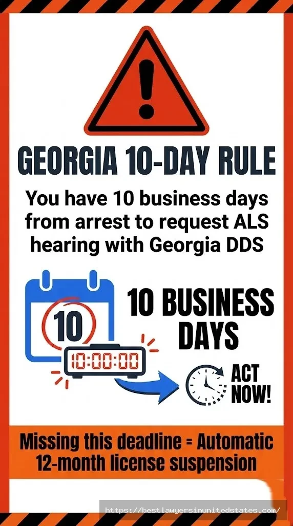 Georgia DUI 10-day rule warning showing critical deadline to request administrative license suspension hearing