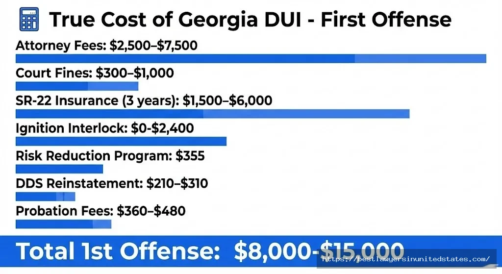 Georgia DUI cost breakdown showing attorney fees, fines, insurance increases totaling $8,000-$15,000 for first offense