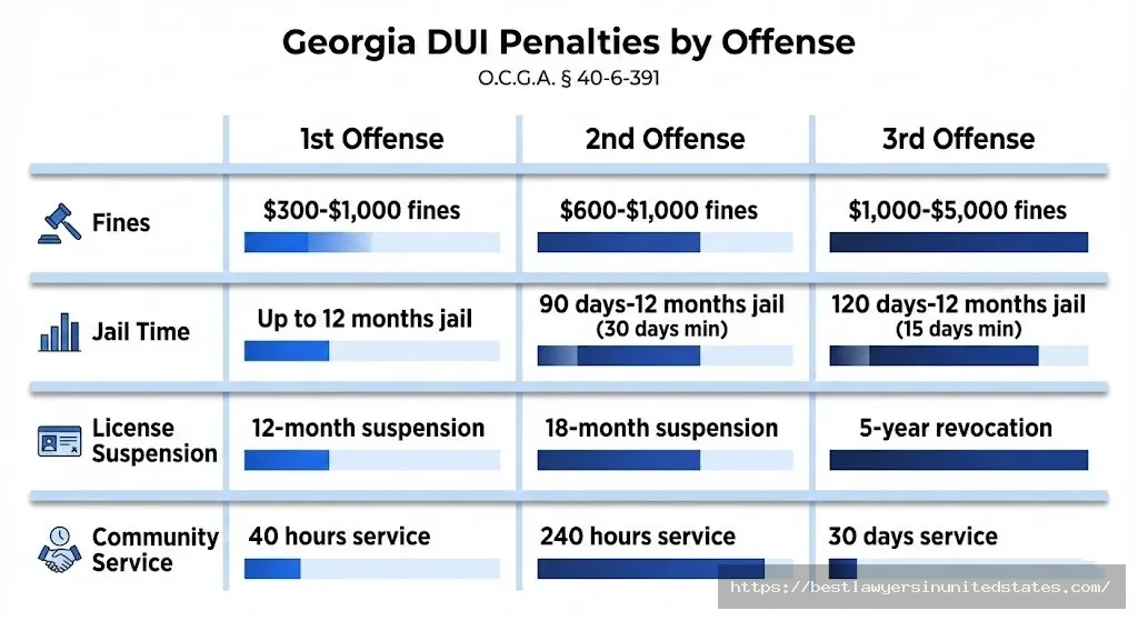Georgia DUI penalty comparison showing escalating fines, jail time, and license suspension for 1st through 3rd offenses