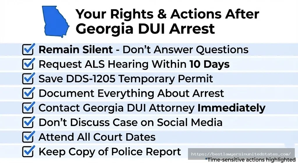 Georgia DUI rights checklist showing critical actions and deadlines after arrest including 10-day ALS hearing request