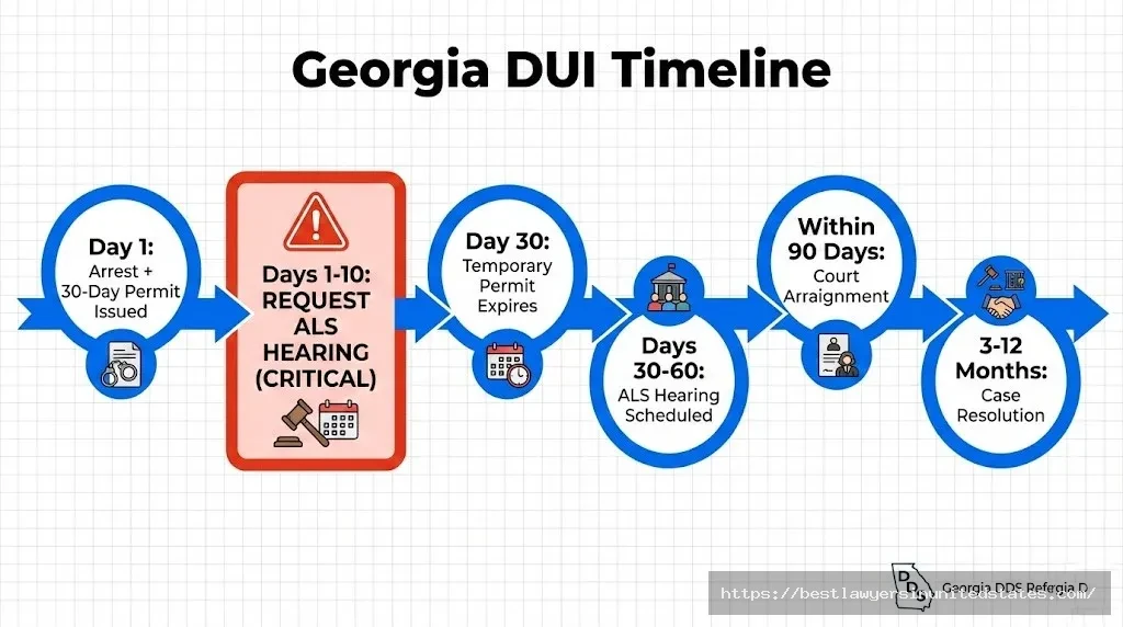 Georgia DUI timeline showing critical 10-day deadline and process from arrest through court resolution