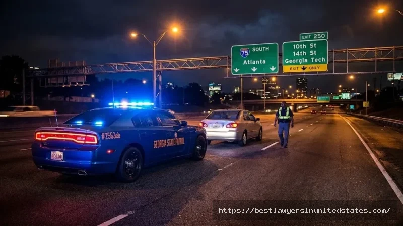 Georgia State Patrol DUI traffic stop on interstate highway at night with emergency lights activated