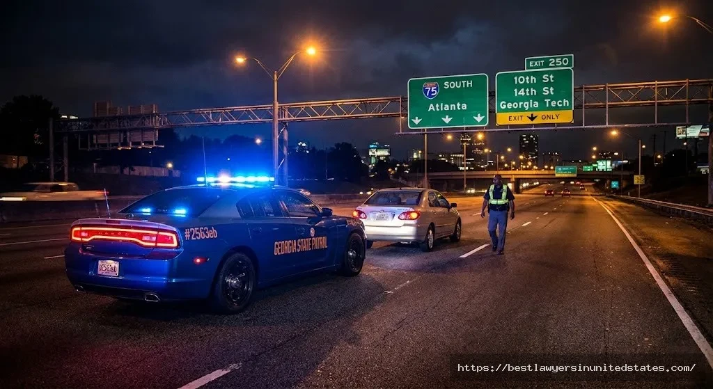 Georgia State Patrol DUI traffic stop on interstate highway at night with emergency lights activated