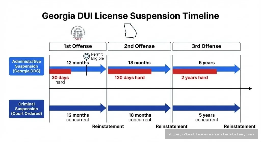 Georgia license suspension timeline showing administrative and criminal suspension periods for DUI 1st, 2nd, and 3rd offenses
